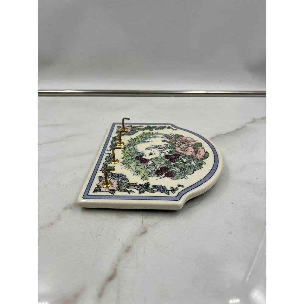 Vintage Ceramic Rabbit Key Rack Wall Hanging Blackberry Floral Bunny Plaque